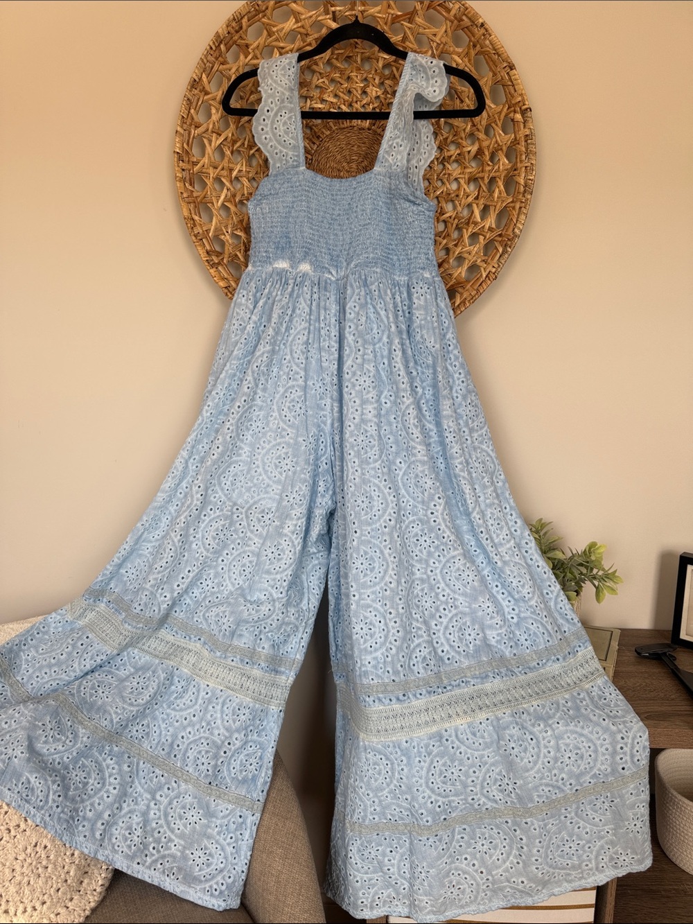 Oli & Hali Light Blue Eyelet Smocked One-Piece Jumpsuit